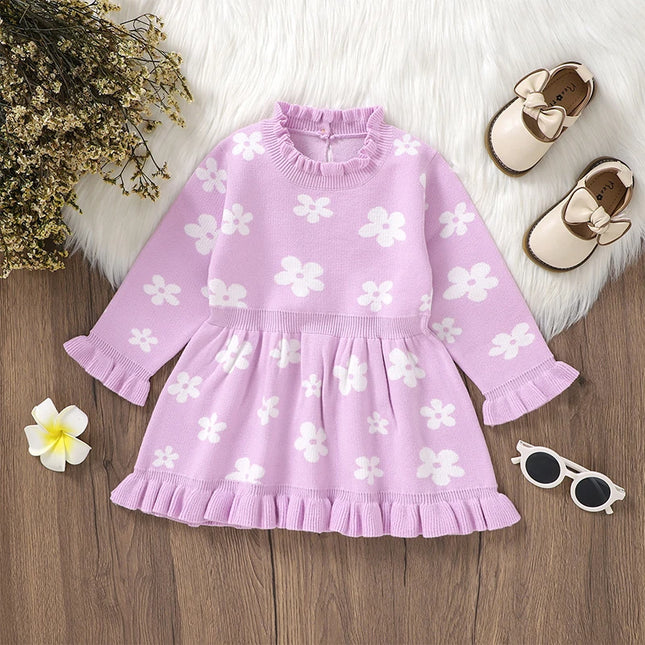 2024-06-13 Lioraitiin Toddler Kids Girl Long Sleeve Dress Casual Floral Print Ruffle Sweater A-Line Dress Baby Spring Clothes