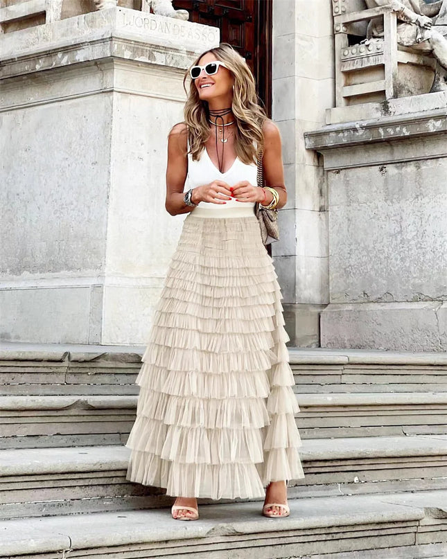 Summer Spring Women’s Multilayer Ruffles Tulle Skirt Pleated High Waist Fluffy Maxi Skirt Fairy Cake Dress Long Tutu Party Skirt