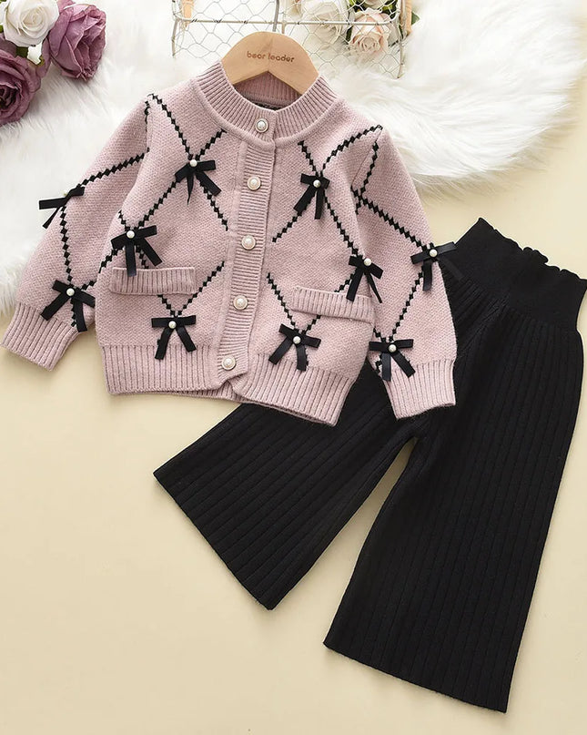 Bear Leader Bow Baby Sweatshirt + Pants 2pcs Set New Children Knitting Outfit for 2-6Years Kids Tracksuit Winter Girls Clothes