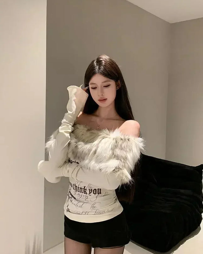 Sexy Tube Retro New Style Spliced One-line Off-shoulder Plush Long-sleeved T-shirt Women's Girls Slimming Winter Top Underneath