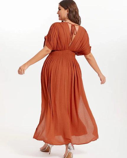 2025 New plus size V-neck dress, fashionable orange chiffon women's dress, summer elegant batwing sleeve women's long dress