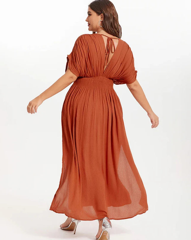 2025 New plus size V-neck dress, fashionable orange chiffon women's dress, summer elegant batwing sleeve women's long dress