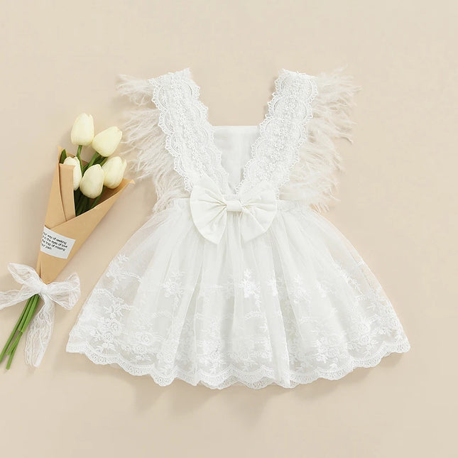 Summer Newborn Baby Girls Lace Crochet Dresses Ruffle Feather Princess Tulle Tutu Dress Birthday Party Outfit