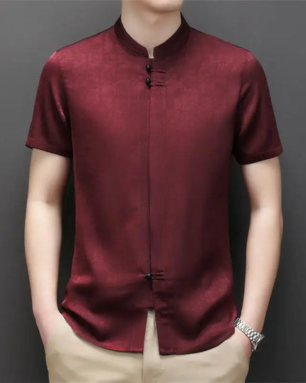 High Quality Burgundy Silk Shirts For Mens Mandarin Collar Claret Chinese Clothing Mens Summer Smooth Blue Blouse Husband Father