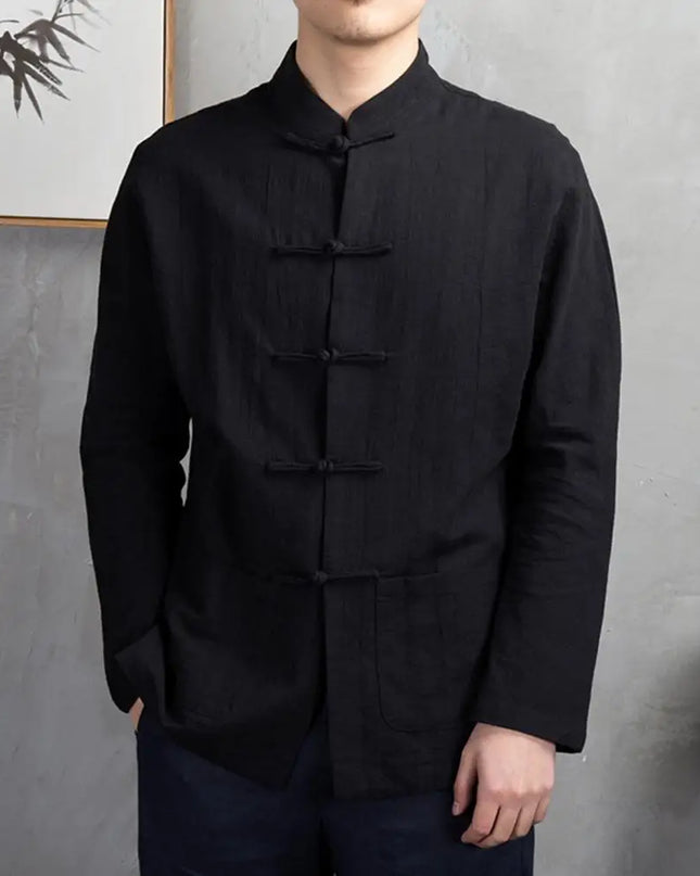 Solid Color Stand-up Collar Shirt Traditional Chinese Style Men's Shirt with Mandarin Collar Long Sleeve Featuring for Kung