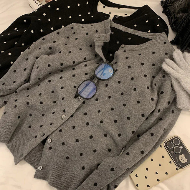 Polka dot knitted cardigan ins women's spring and autumn new style layered design sense versatile slimming long sleeved top