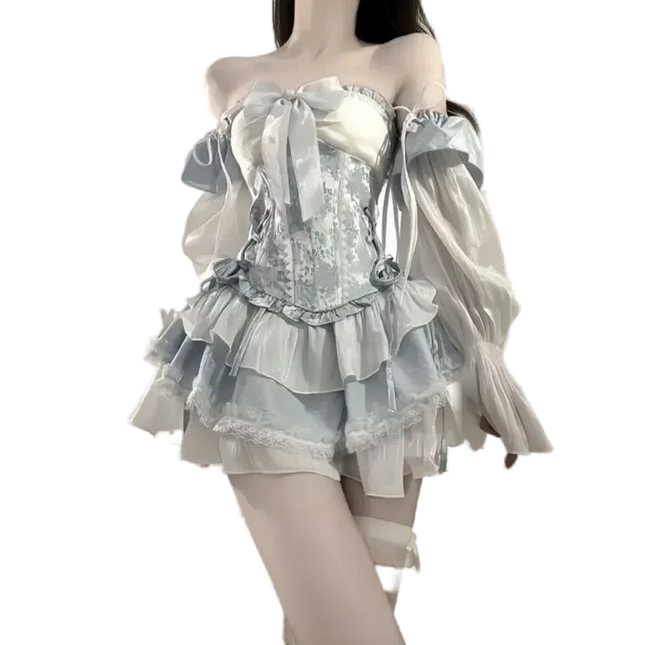 French Romantic Lolita Opal Elegant Girl Cosplay Princess Puffy Sleeve Bow Flower Tunic Mesh Fantasy Fairytale Dress