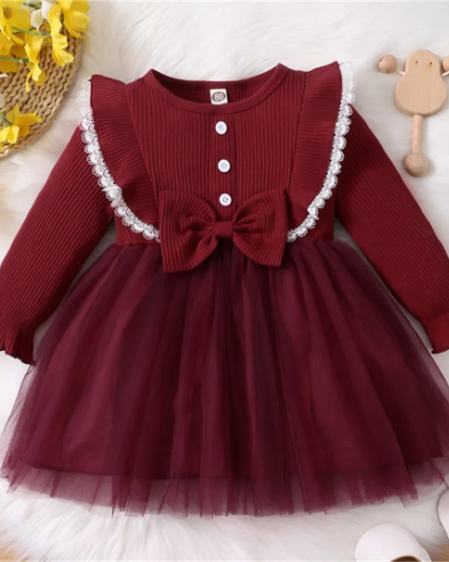 3-24 Months Newborn Baby Girl Birthday Princess Dress Ruffle Long Sleeve Tutu Lace Red Dress Toddler Girl Fashion Partywear