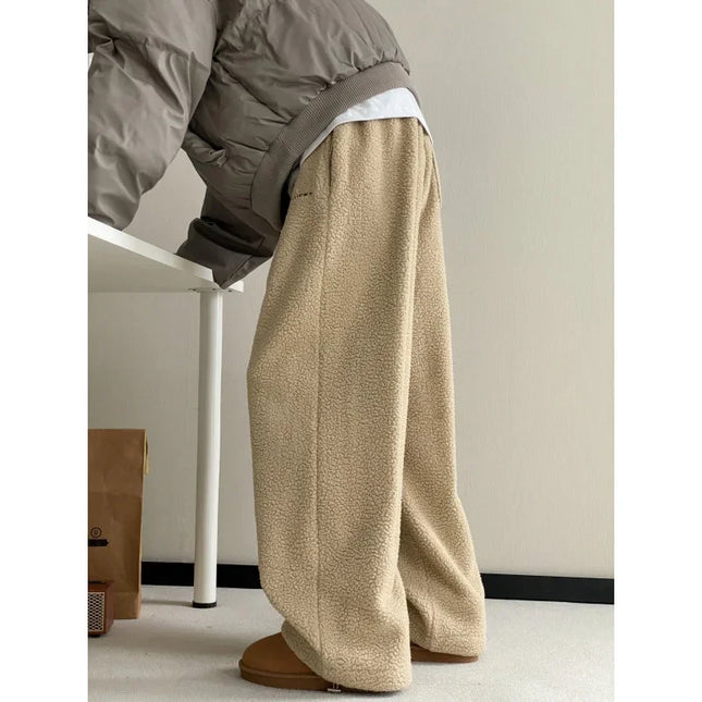 Casual Men's Fleece Pants Warm Protection Against Cold American Style Wide Leg Versatile Long Pants New 2024 Model