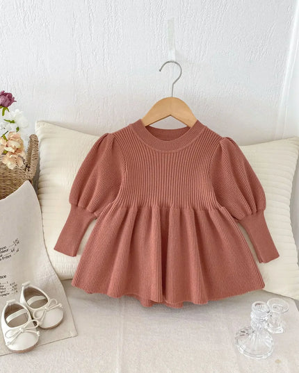 6223  Girls' Knitted Sweaters Dress 2024 Autumn Winter Baby Girls' Fashion Bubble Sleeve Knitted Tops Dress