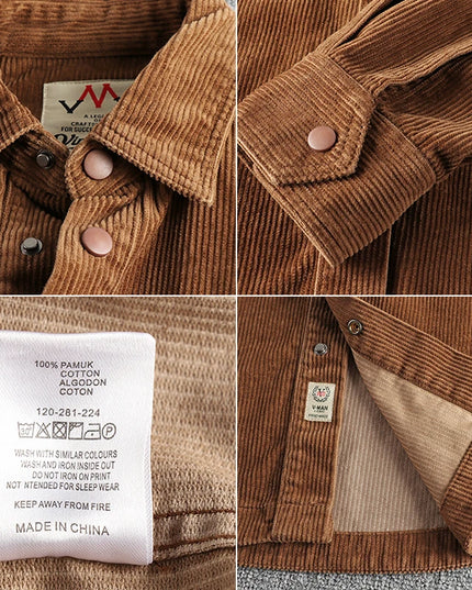 Autumn and winter thick wash corduroy long sleeve shirt men's retro trend cargo big pocket solid color casual coat