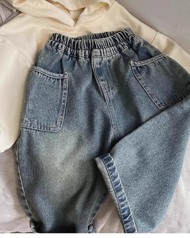 2024 Spring Autumn Kid Boys Denim Pants Side Pocket Polished White Children Boys Pants Elastic Waist Casual Baby Boys Trousers