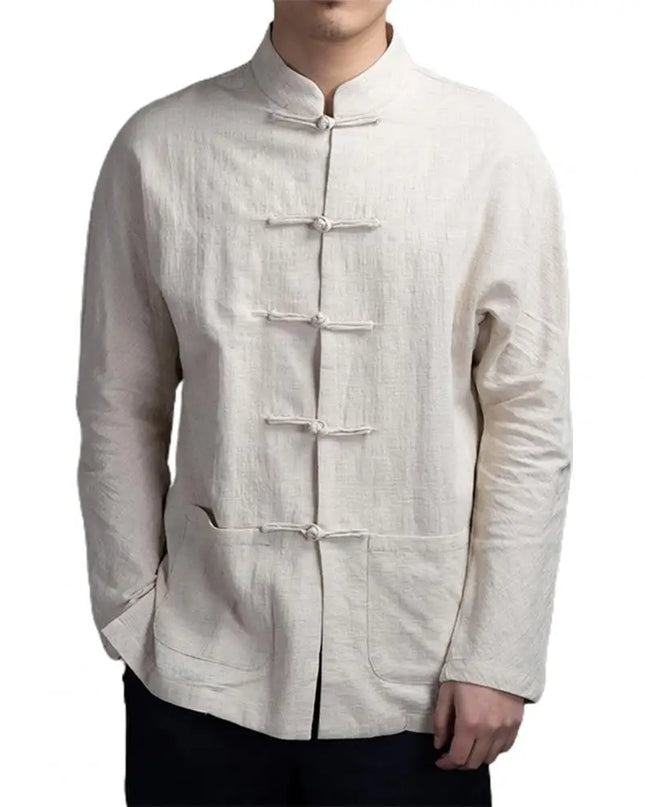 Solid Color Stand-up Collar Shirt Traditional Chinese Style Men's Shirt with Mandarin Collar Long Sleeve Featuring for Kung