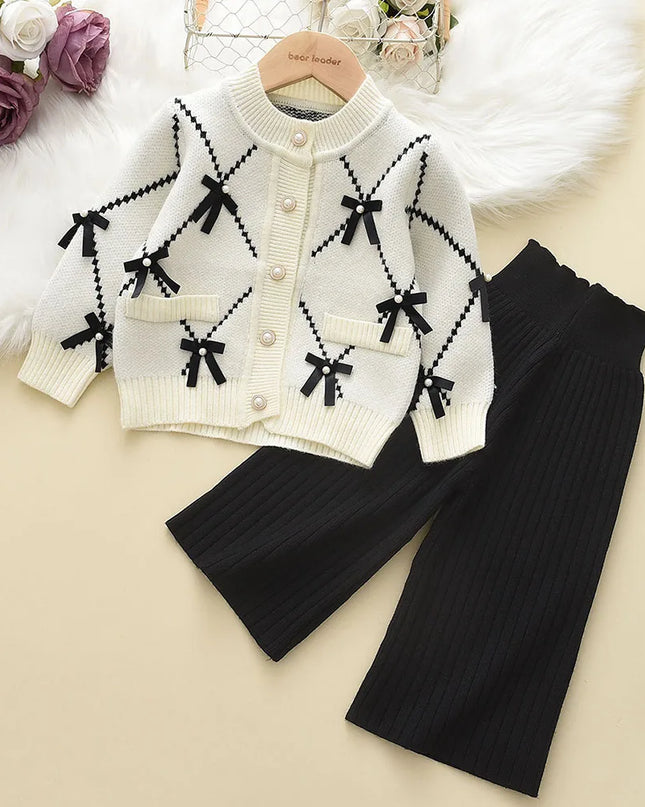 Bear Leader Bow Baby Sweatshirt + Pants 2pcs Set New Children Knitting Outfit for 2-6Years Kids Tracksuit Winter Girls Clothes