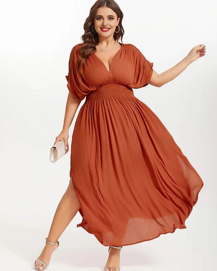 2025 New plus size V-neck dress, fashionable orange chiffon women's dress, summer elegant batwing sleeve women's long dress