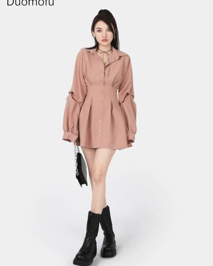 Duomofu Korean Style Black Mini Shirts Dress Women Y2k Aesthetic Long Sleeve Tunic Blouse Dresses Office Lady Vestidos Autumn