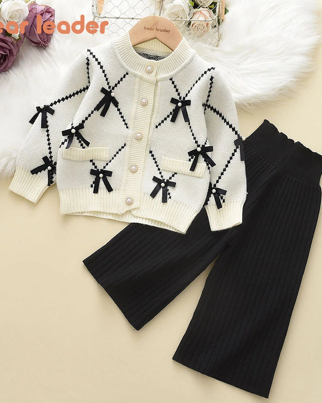 Bear Leader Bow Baby Sweatshirt + Pants 2pcs Set New Children Knitting Outfit for 2-6Years Kids Tracksuit Winter Girls Clothes