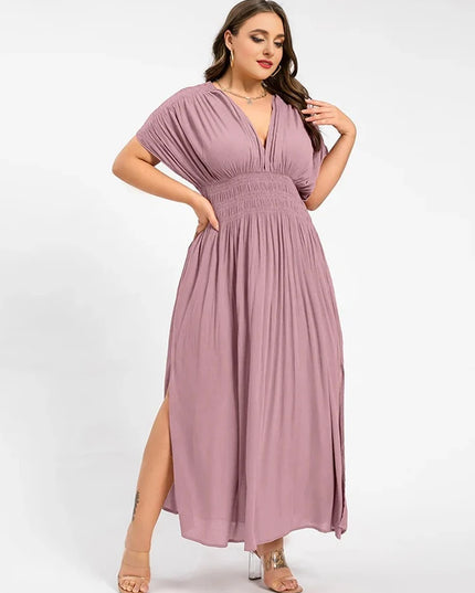 2025 New plus size V-neck dress, fashionable orange chiffon women's dress, summer elegant batwing sleeve women's long dress