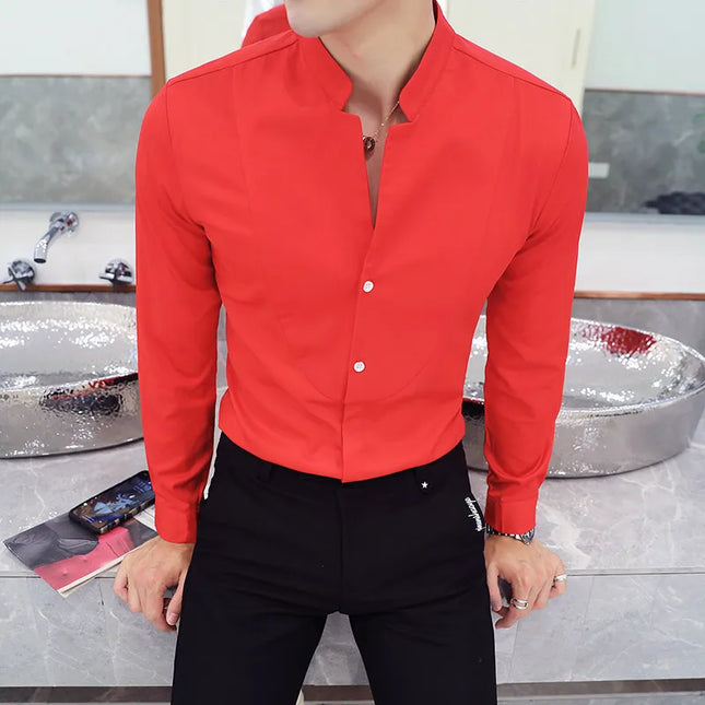 2024 Spring 3 Color Stand Collar Shirt High Quality Men Long Sleeve Slim Fit Casual Shirt Black White Red Business Dress Shirts