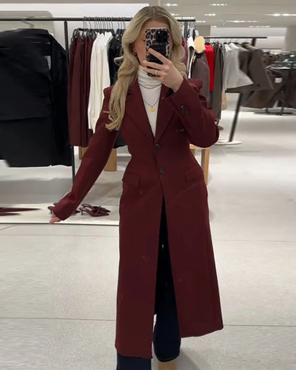 Burgundy Long Blazer Coats Women Elegant Single Breasted Long Sleeve Shoulder Pads Suits Jacket Female Spring Tailored Outwear