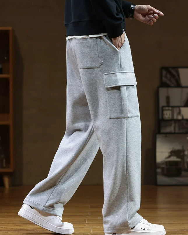 2024 New Sweatpants Men Multi-Pockets Drawstring Cotton Casual Wide Pants Male Loose Straight Trousers Large Size 8XL