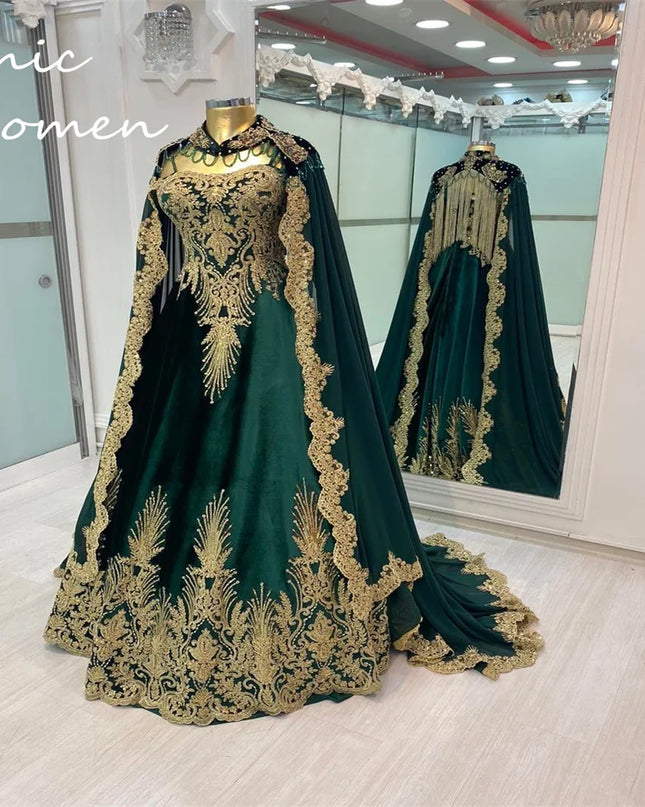 Luxury Kaftan Moroccan Evening Dress Elegant Emerald Muslim Prom Gown With Cape Appliques Dubai Abaya Formal Hochzeit Customized