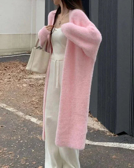 Chic Pink Cardigans Oversized Women Mink Cashmere Winter Soft Long Knitwear Harajuku Style Kimono Wool Sweater Open Stitch