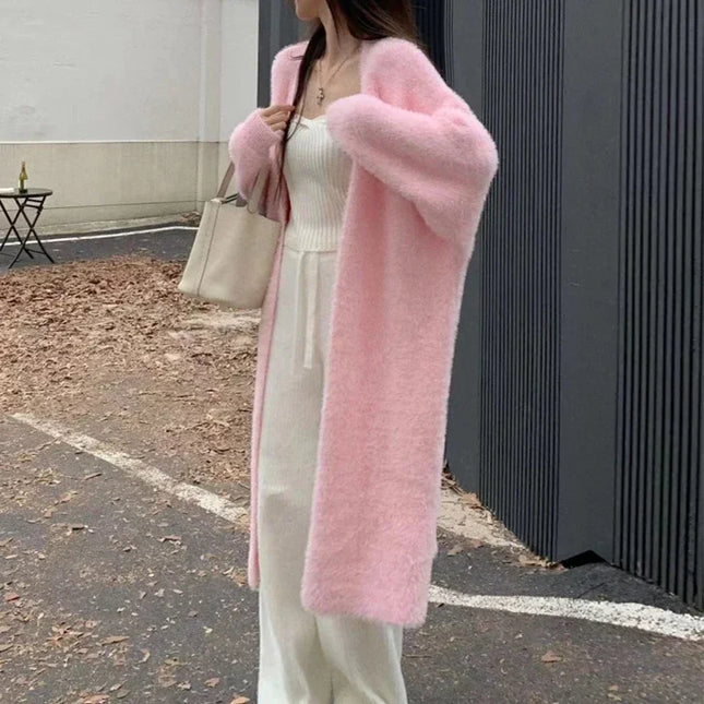 Chic Pink Cardigans Oversized Women Mink Cashmere Winter Soft Long Knitwear Harajuku Style Kimono Wool Sweater Open Stitch