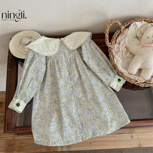 Spring Autumn Kids Baby Girls Dress Cotton Floral Printed Dot Turndown Collar Long Sleeve Toddler Girl Dress Children Girl Dress