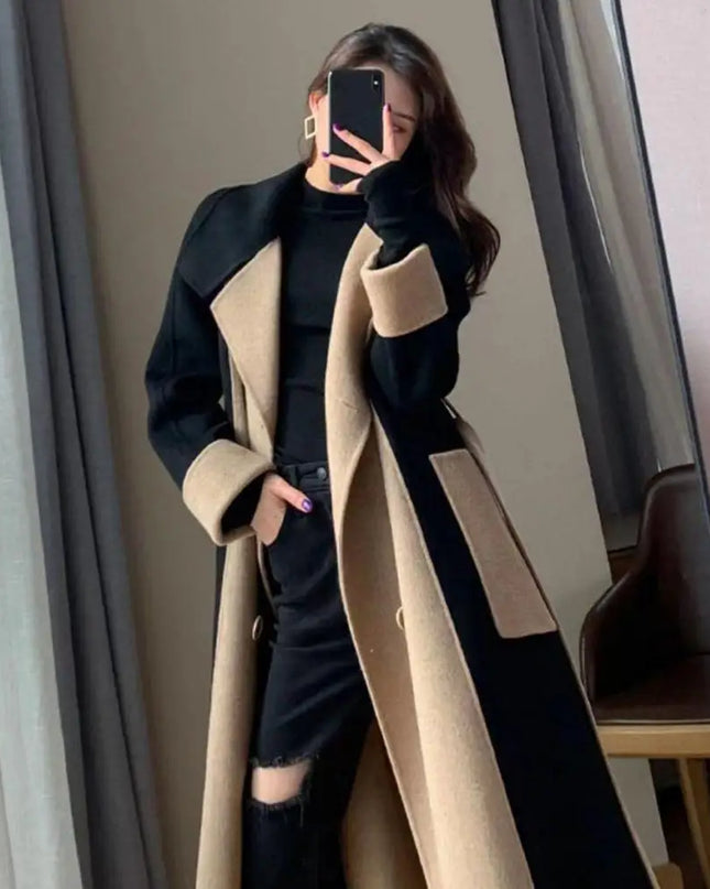 Winter Women Overcoat Double-breasted Color Matche Mid Length Coat Double-sided Turn-down Collar Pockets Lady Jacket For Dating