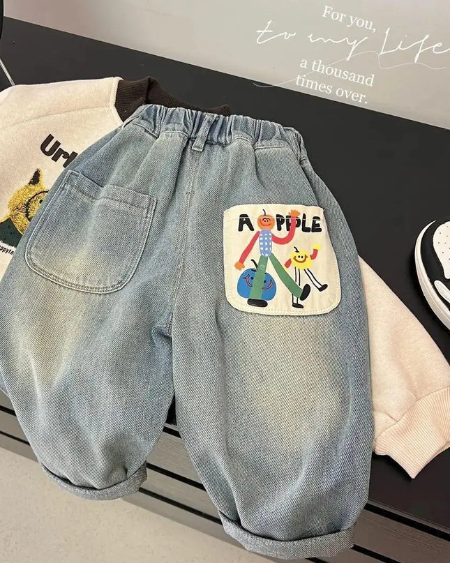 2024 Spring Autumn Kid Boys Denim Pants Side Pocket Polished White Children Boys Pants Elastic Waist Casual Baby Boys Trousers