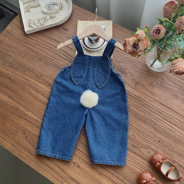 2025 Autumn New Baby Girl Sleeveless Denim Jumpsuit Toddler Girl Cute Rabbit Ear Overalls Infant Romper Kids Clothes 0-24M