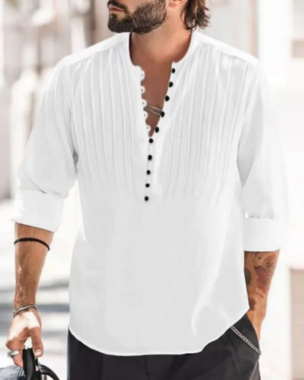 2024 New Men's Bandage Round Collar High Quality Shirt Men's Solid Color Cotton Folding Casual Slim Long-Sleeved Shirt