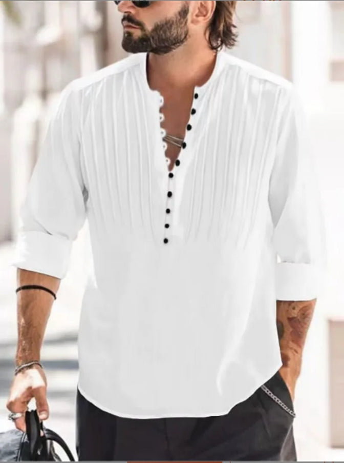 2024 New Men's Bandage Round Collar High Quality Shirt Men's Solid Color Cotton Folding Casual Slim Long-Sleeved Shirt