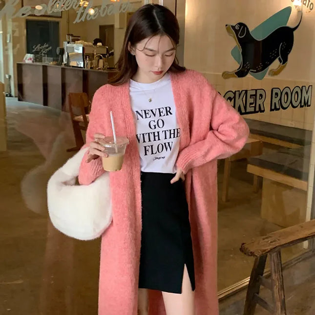 Women Pink Cardigan Knitted Streetwear  Autumn Elegant Thicken Knitwear Harajuku Kimono Loose Chic Wool Cardigans Ladies Winter