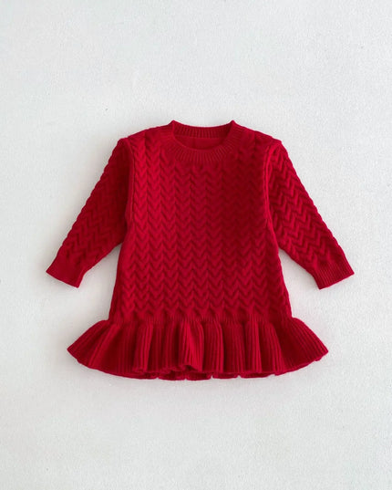 Autumn and Winter Korean New Girls Sweater Dress Children Twists Round Neck Long Sleeve Warm Knitted Ruffles Dress