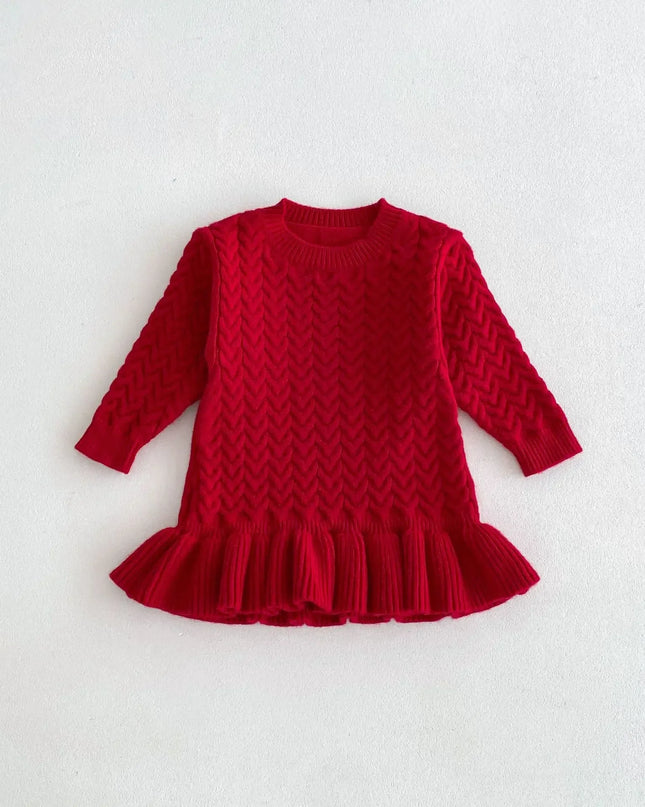 Autumn and Winter Korean New Girls Sweater Dress Children Twists Round Neck Long Sleeve Warm Knitted Ruffles Dress