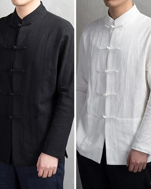 Solid Color Stand-up Collar Shirt Traditional Chinese Style Men's Shirt with Mandarin Collar Long Sleeve Featuring for Kung