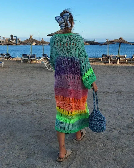 Handmade Boho Kimono Cardigan Sweater Women Coat 2024 Autumn Winter Multicolor Bohemian Long Bell Sleeve Knitted Dress Knitwear