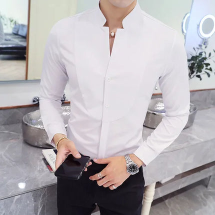 2024 Spring 3 Color Stand Collar Shirt High Quality Men Long Sleeve Slim Fit Casual Shirt Black White Red Business Dress Shirts