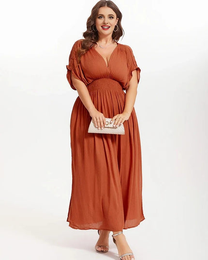 2025 New plus size V-neck dress, fashionable orange chiffon women's dress, summer elegant batwing sleeve women's long dress