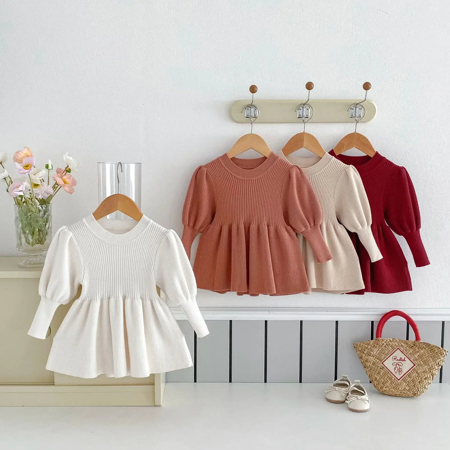 6223  Girls' Knitted Sweaters Dress 2024 Autumn Winter Baby Girls' Fashion Bubble Sleeve Knitted Tops Dress