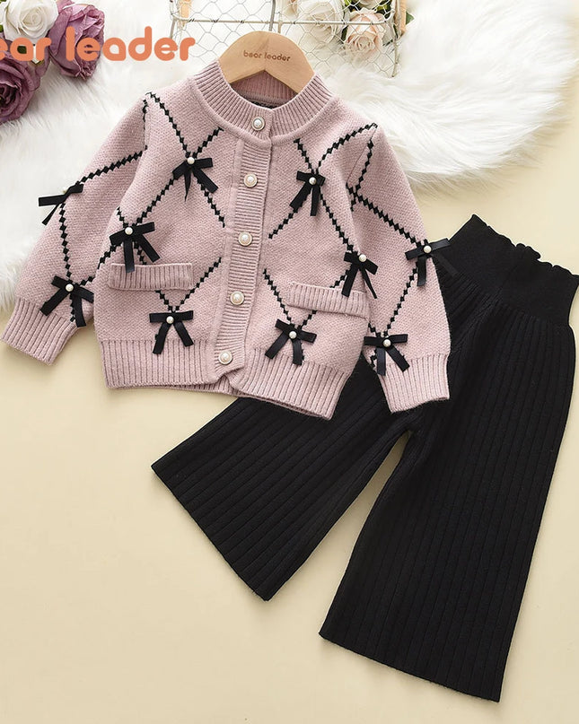 Bear Leader Bow Baby Sweatshirt + Pants 2pcs Set New Children Knitting Outfit for 2-6Years Kids Tracksuit Winter Girls Clothes