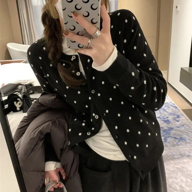 Polka dot knitted cardigan ins women's spring and autumn new style layered design sense versatile slimming long sleeved top