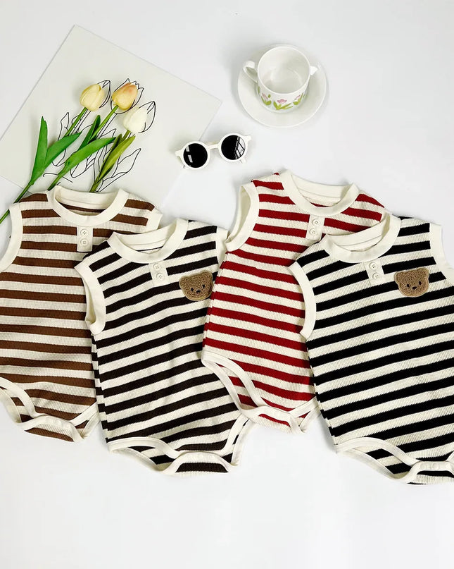 Summer Newborn Jumpsuit Cartoon Bear Striped Baby Romper for Girls Boys Korean One-Piece Onesies Toddler Infant Clothes 0-24M