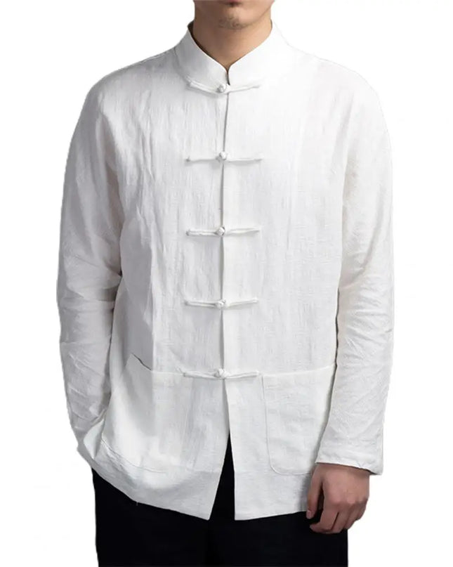 Solid Color Stand-up Collar Shirt Traditional Chinese Style Men's Shirt with Mandarin Collar Long Sleeve Featuring for Kung