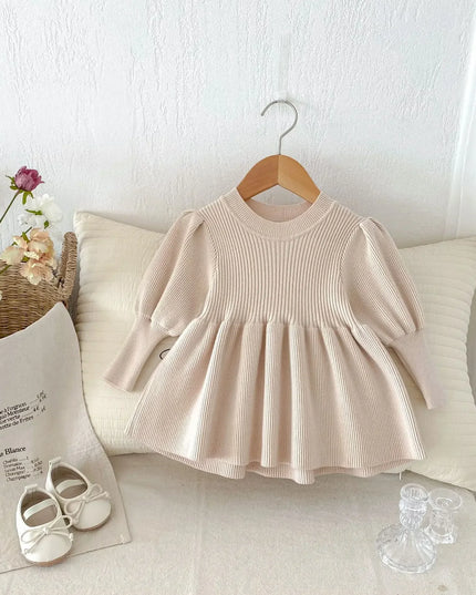 6223  Girls' Knitted Sweaters Dress 2024 Autumn Winter Baby Girls' Fashion Bubble Sleeve Knitted Tops Dress