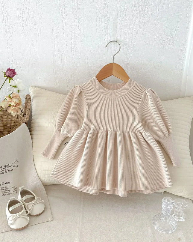 6223  Girls' Knitted Sweaters Dress 2024 Autumn Winter Baby Girls' Fashion Bubble Sleeve Knitted Tops Dress