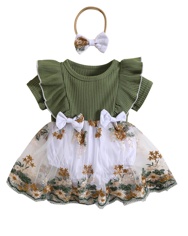 BeQeuewll 0-2Y Baby Girl Romper Dress Flower Embroidery Knit Rib Ruffles Crew Neck Jumpsuits Summer Bodysuits with Bow Headband