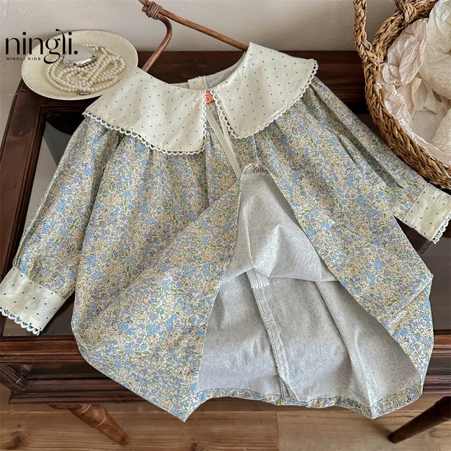 Spring Autumn Kids Baby Girls Dress Cotton Floral Printed Dot Turndown Collar Long Sleeve Toddler Girl Dress Children Girl Dress